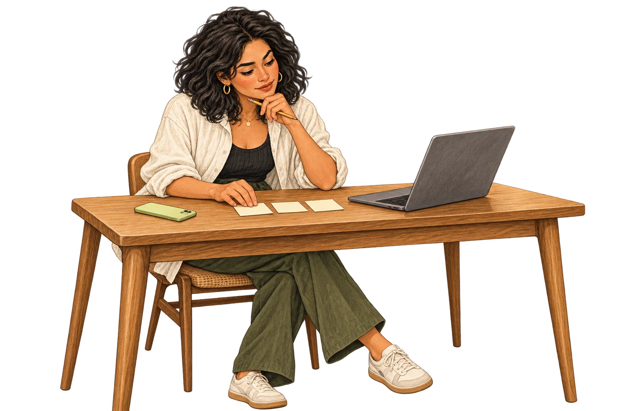 A professional connects notes and questions during a review.